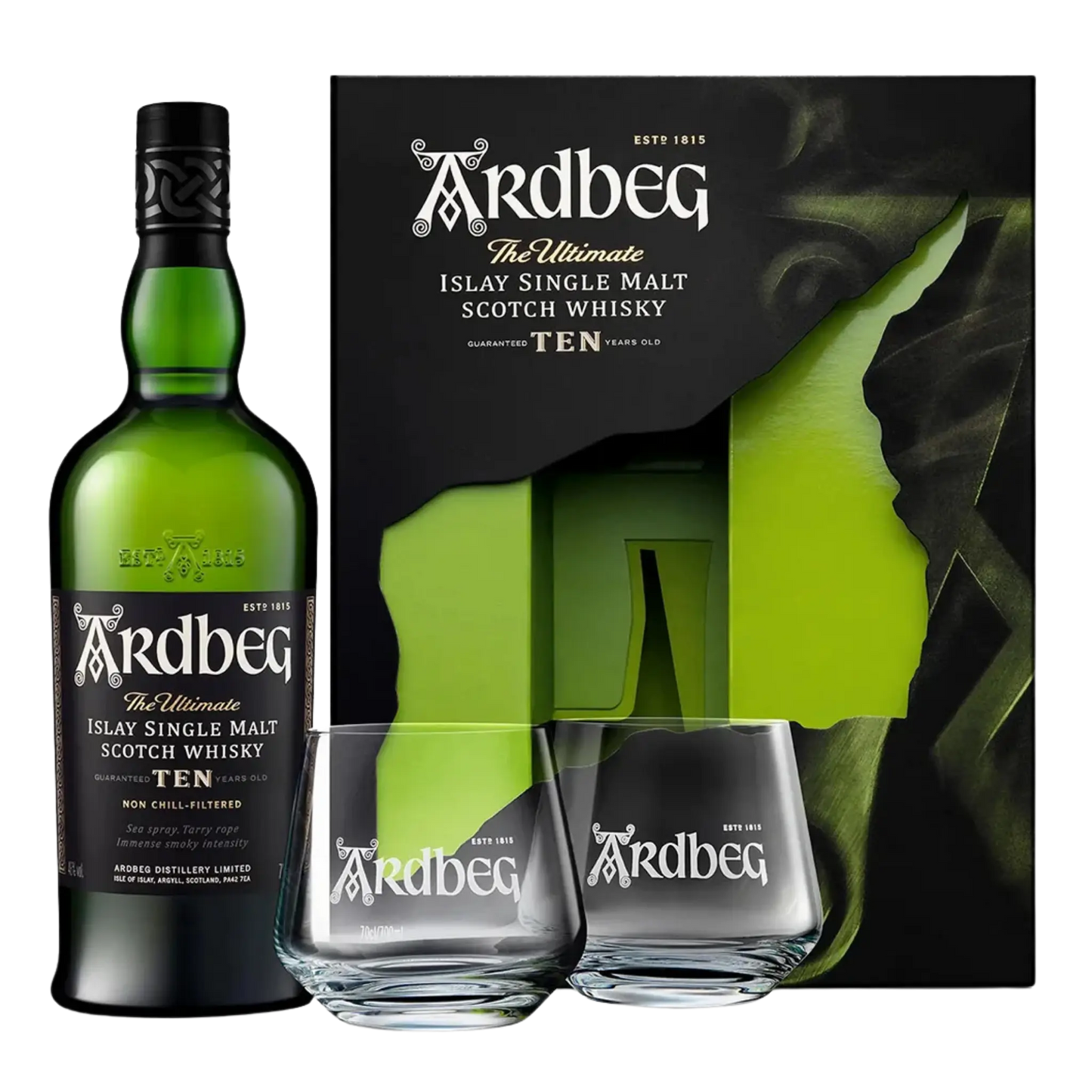 Ardbeg 10 Year Single Malt Scotch Whisky + 2 Glasses Gift Pack