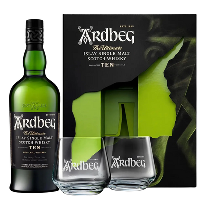 Ardbeg 10 Year Single Malt Scotch Whisky + 2 Glasses Gift Pack