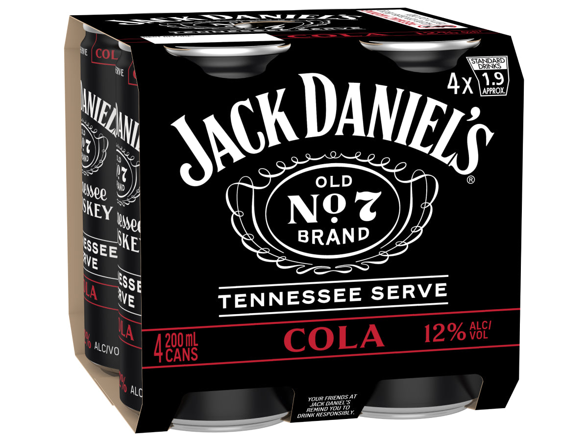Jack Daniel's Tennessee Whiskey Tennessee Serve & Cola 12% 200ml (4 Pack)